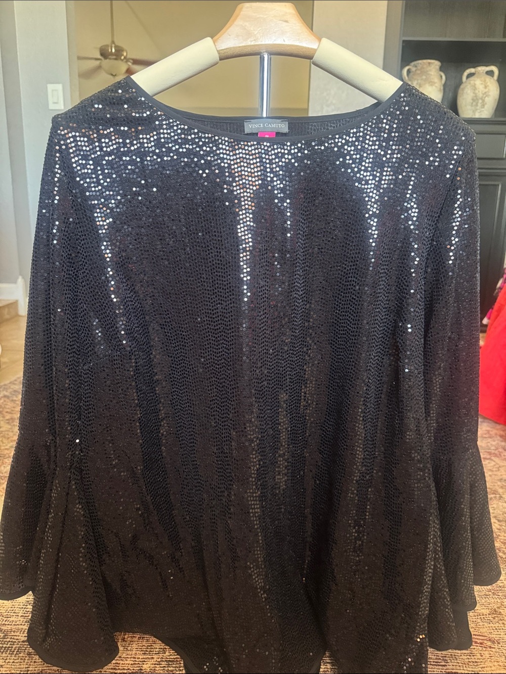 Vince Camuto Black Sequined Boat-Neck Top with Flared Sleeves